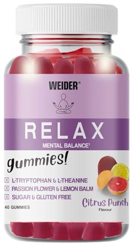 Weider Relax Gummies (40 Gommes) Goût Punch d'Agrumes. Gommes contenant L-Théanine, L-Tryptophane, extraits de Passiflore et Mélisse, Vitamine B6. Aide à la Relaxation. Sans Sucres, Sans Gluten.