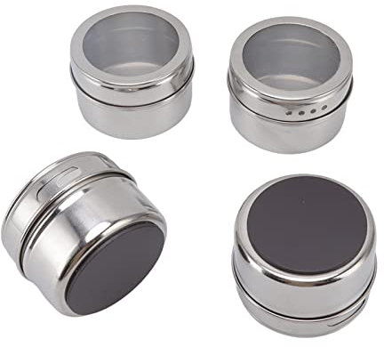 Gsycle 4 Magnetische Gewürzdosen, Magnetische Gewürzdosen aus Edelstahl, Wandmontierte Gewürzaufbewahrungsbehälter Mit Transparentem Deckel Und Löchern