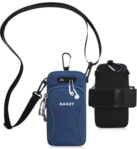 BAGZY Pochette Telephone Portable 7,0 Pouces avec Bandoulière, Brassard Telephone Sport Applicable à Course à Pied, Yoga, Jogging Accessoires pour iPhone 15 Pro/14 Pro Max (Bleu)