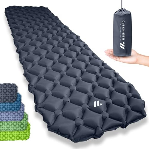 NORDMUT® Isomatte Ultraleicht [mit Reparaturset] - Aufblasbare Luftmatratze Camping kleines Packmaß - Camping Matratze Wetterfest für Outdoor Zelt & Festivals - Dunkelgrau