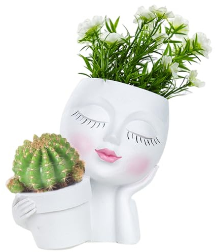 XJKLBYQ Succulent Pots Resin Flower Pots for Indoor Plants with Drain Hole Cute Double Flower Pots in One Face Planter Pot Head Planter Succulent Planter White, flower pots for indoor plants