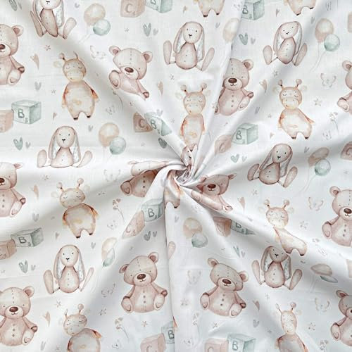Textrend Baumwollstoff Meterware Kinder - Stoff zum Nähen - Kinderstoffe - Tiermuster - Textilien 1x1,6m (Teddybären beige auf weißem Hintergrund)