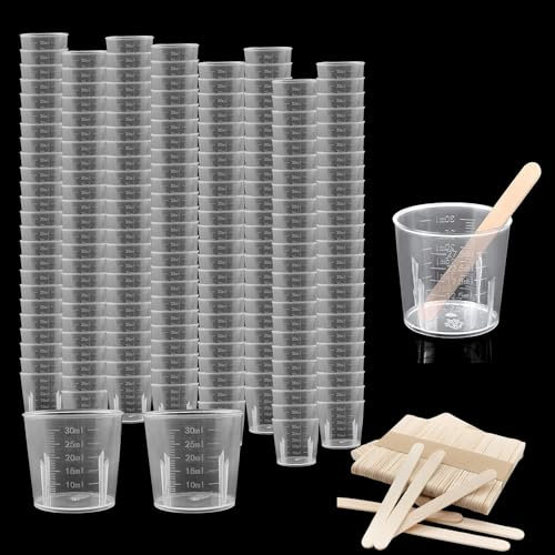Bhina 100 Piezas 30 ml Plástico Graduadas Vaso Medidor Jarra Medidora Plastico Transparente Tazas de Medición con 100 Piezas Palos de Madera para Mezclar Pintura Epoxi Resina Laboratorio Cocina