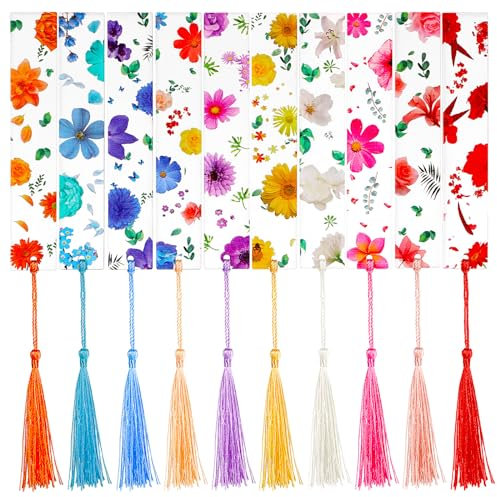 Oruola 10 Stück Gepresste Blumen Lesezeichen,Personalisiertes Harz Lesezeichen,Transparente Gepresste Blumen Bookmark mit Quaste für Frauen Kinder Leser Lehrer Studenten,Mehrfarbig