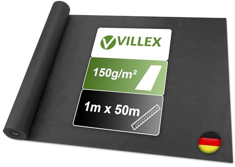 Villex - 50 m² Unkrautvlies 150g/m2 wasserdurchlässig - 50x1m | Jahrelanger Unkrautschutz | reißfestes,UV & witterungsbeständiges Gartenvlies -Vlies Garten Unkrautfolie - Unterbodengewebe Unkrautflies
