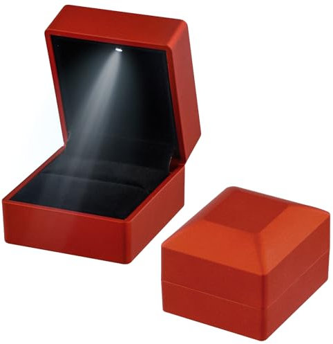 Jinlaili Ringschachtel Hochzeit, 62x57x39MM Ringbox mit LED, Ringschatulle mit Samt Interieur, Schmuck Präsentationsbox, Herz Ringkästchen für Vorschlag Verlobung Hochzeit Zähler Display (Rot 2)