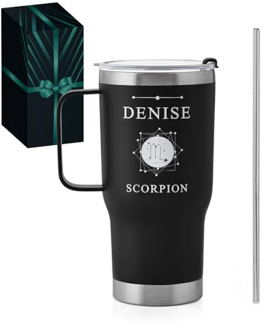 Maverton Mug Isotherme Noir 600 ml en Acier Inoxydable avec Brosse de Nettoyage - Gobelet avec Paille et Couvercle gravé - Cadeau Anniversaire Femme - Idee Cadeau Femme signe du zodiaque