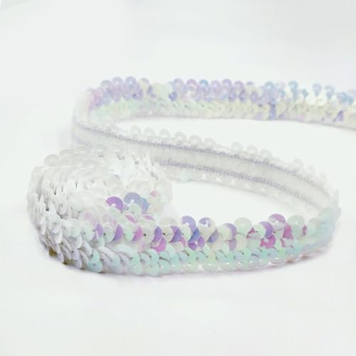 CNFQ 10 yards Elastisches glänzendes Paillettenband Applikation für Hochzeit Kostüm Brautschmuck PVC (Weiß AB)