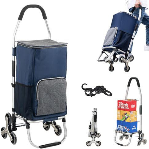 YFSMBD 3in1 Einkaufstrolley Treppensteiger, Trolley groß 45 Liter, Einkaufswagen mit Kühlfach, Einkaufstasche mit Rollen, Klappbar, Tasche Abnehmbar, Einkaufsroller, Handwagen (Blue)