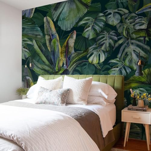FUNLIFE 234x243cm Plantes tropicales papier peint, feuilles d'aquarelle, papier peint panoramique texture imitation cuir, papier peint jungle,Salon Chambre bureau corridor papier peint adhesif mural