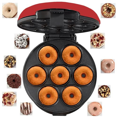 Mini Donut Maker, Non Stick 7-Hole Electric Doughnut Maker with Electric Non-stick Surface, Unique Thermostatic Design, Makes 7 Desserts, for Holiday, Breakfast or Snack, Desserts and More red