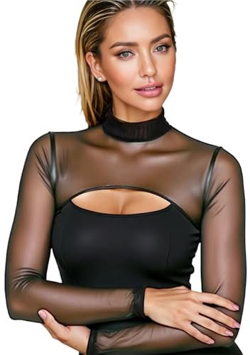 GWAWG Mesh Crop Tops, Mock Neck Long Sleeve Crop Top, Slim Fit Mesh Top for Women, Black Crop Top Cover Up, Sexy Through Shirt Top for Sport Beach Swim (UK, Alpha, L, Regular, Regular, Black)
