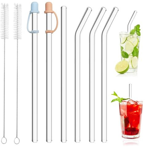 Lot de 6 pailles en verre réutilisables de qualité avec 2 brosses de nettoyage pour jus, cocktails, smoothies, café, lait (droite + courbée)