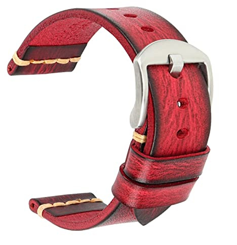 VYSLZ Maikes Echtes Leder Armband Für Galaxy Uhr Band 20mm 22mm 24mm Uhr Band Tissote Timex Omega Handgelenk armbänder(Glamour Red-Silver,20mm)