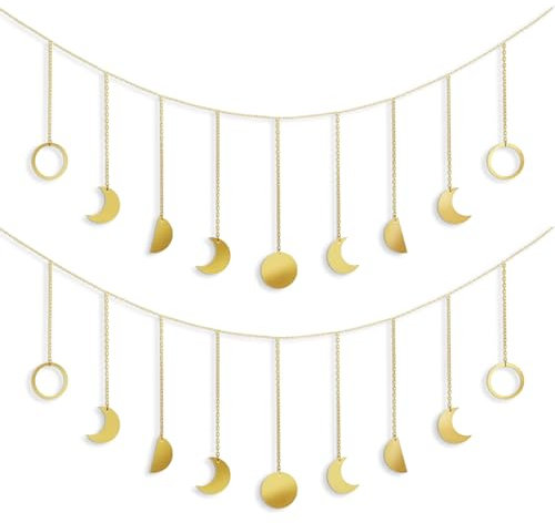 2 Stück Holz Mondphasen Girlande mit verschiedenen Mondformen Boho Chic Wanddekoration für Wohnzimmer Schlafzimmer Café Sofas Aesthetic Room Decor mit Wanddeko Gold Elementen in Mond Design