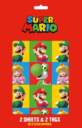 Super Mario Geschenkpapier, 2 Bögen, 2 Geschenkanhänger, Geburtstagsgeschenkpapier