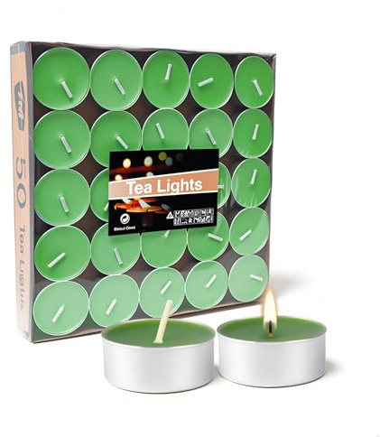 Artisoul 50 Grüne Teelichter, 4 Std. Brenndauer, Unbeduftet & Raucharm, Premium Deko Kerzen für Hochzeit, Tischdekoration, Adventskranz, Weihnachten, Ostern, Gartenparty und SPA, Grün