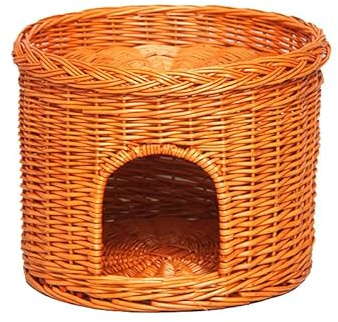 CHEMYO Rattan Raised Cat Bed w/Soft Cushion, Rattan Kitten Bed for Indoor and Outdoor Use, Cat Basket for Sleeping, Cat Barrel Kitten Tree Tower for Indoor Cats