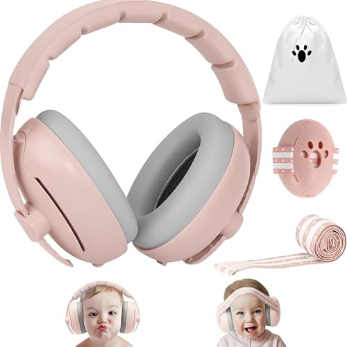 2-in-1 Baby Ohrenschützer, Gehörschutz Baby Lärmschutz Kopfhörer (0-4 Jahre), Neugeboren Ohrenschützer mit leichte ABS-Schale & Verstellbares Kopfband, ideal für Schlafreise und Alltag & Events, Rosa