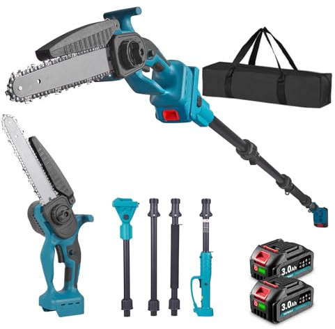 Yofidra 2 en 1 Motosierra Telescópica y Mini Motosierra Eléctrica, 8 Pulgadas con Poste Desmontable, 2 Baterías de 3.0Ah, para Cortar Ramas y Poda de Árboles