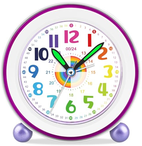 DTKID Kinderwecker Lautlos, Nachtlicht, Snooze, Analog, Batterie (Lila)