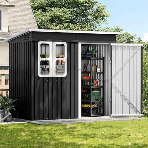 UDPATIO Gartenhaus Metall 222 x 132 x 190 cm mit Fenster, abschließbarer Tür und Belüftung, Fahrradgarage mit Pultdach, Geräteschuppen für Werkzeuge, Ausrüstung, Wasserdicht, Dunkelgrau