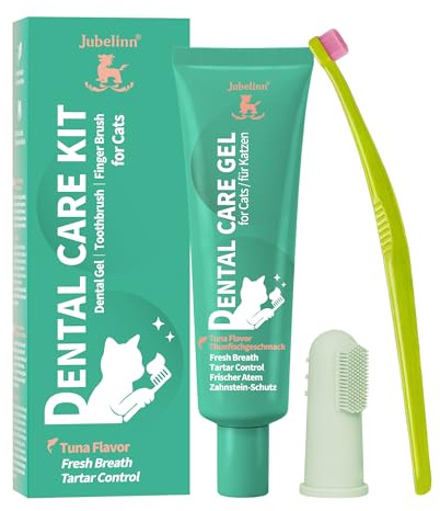 Jubelinn Zahnpflege Set für Katze - mit Thunfischgeschmack - Frischen Atem | Beugt Zahnstein & Entzündungen vor - Katze Zahnbürste - Finger Zahnbürste - Dental Care Gel 60ml