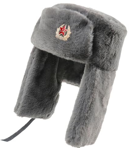 NONGYU Thermo-Ohrenklappen-Hut, sowjetisches Abzeichen-Muster, winddicht, Polyester, Plüsch, Kunstpelz, Futter für Wandern, Alltag, Unisex, Kunstpelze, Winter-Lenin-Kappe, grau, One size