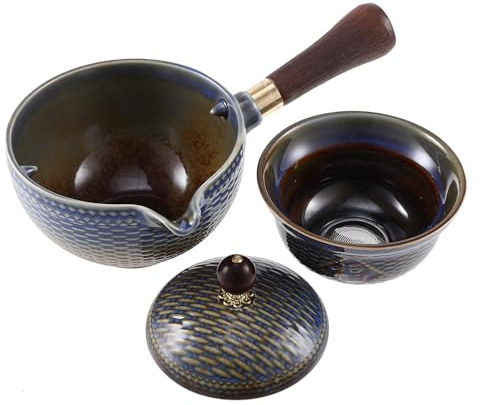 DECORNIJIA Rotatable Ceramic Teapot with Bamboo Style Single Pot and Built-in Strainer for Chinese Gongfu Tea Preparation