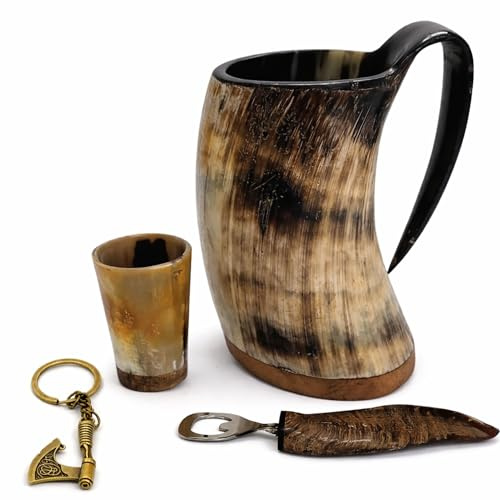 Classic Collection UK7 Ltd Natural Horn Mug Gift Set with Shot Cup, Bottle Opener & Axe Keychain – Viking Style Drinking Mug & Accessories for Bar Display, Décor & Gifting (Natural Finish Set)