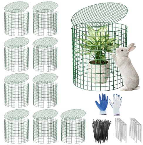 MQJIAZHI Lot de 10 grilles de protection pour plantes avec couvercle, 33 cm de haut, en métal vert, cage de protection pour plantes avec gants, serre-câbles et piquets de terre, protection