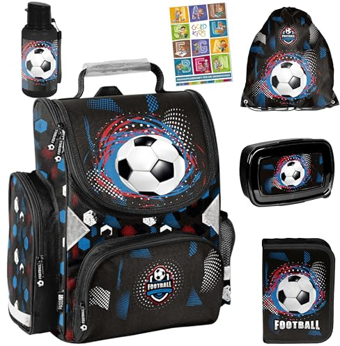 PASO - Schulranzen für Jungen und Mädchen, 6er-Set - Schul-Rucksack für Kinder mit Federmäppchen - Schuhbeutel Trinkflasche und Brotdose - Ball Motiv - 1-3 Klasse