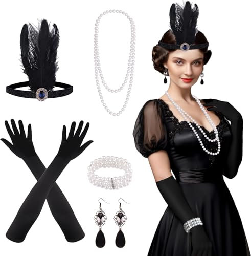 FEPITO 8 Stück 1920er Flapper Great Gatsby Accessoires Set Fashion Roaring 20er Themenset mit Stirnband Kopfschmuck Lange schwarze Handschuhe Halskette Ohrringe für Damen(Set B)