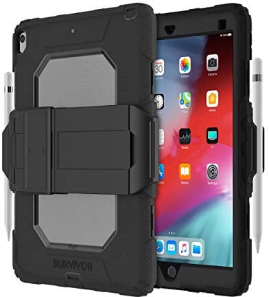 Griffin Survivor All Terrain Case für iPad Air 3 ( 2019 ) und iPad Pro 10.5 - schwarz, klar / mit HD-Klarsicht-Displayschutzfolie, Eingebauter Ständer und Apple Pencil-Halter