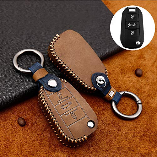 ontto Coque de clé de Voiture pour Peugeot 206 307 4008 5008 308S Citroen C2 C3 C4 C4L C5 Picasso X Étui Cas pour télécommande de clé Voiture en Cuir Protection de clé avec Porte-clés-Marron B