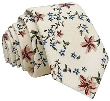 Kebocis Dünne Herren-Krawatte aus Baumwolle mit Blumenmuster, Blumenmuster/Cremefarben
