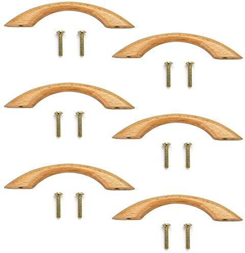 JUNMEIDO 6 Piezas Tiradores de Madera para Muebles 128mm Manijas para Cajones de Madera Tiradores Armarios Madera Natural Manijas para Muebles de Cocina de Madera con 12 Tornillos para Puertas