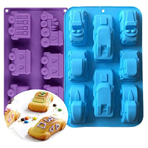 Joyeee Paquete de 2 moldes de silicona para auto de tren, bandeja de molde de silicona para hornear, molde de silicona para magdalenas, tartas, cubitos de hielo, jabón para niños