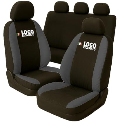Susy Shop Coprisedili Compatibili Per Tipo Con Logo Ricamato, Set Di Fodere Anteriore E Posteriore Per Schienale Posteriore diviso 1/3 MADE IN ITALY (Nero - Grigio Scuro)