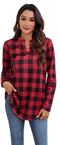 Enmain T-Shirt Femme Tunique à Manches Longues Col V Chemise décontractée Blouse Femme Chic Élégant Chemisier à Carreaux Rouge 2XL