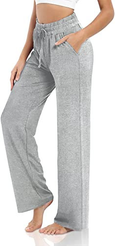 VIGVAN Jogginghose Damen Baumwolle Freizeithose Yogahose Weites Bein Aktive Freizeit Kordelzug Lose Lounge Pants Breites Bein Hausehose Sporthose mit Taschen (Hellgrau, L)