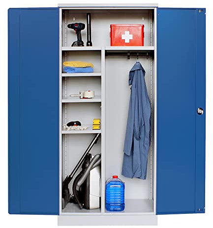 Mehrzweckschrank | Besenschrank | Spindschrank mit Hakenleiste und 6 Fächern, 195x92x42, komplett montiert, Grau/Blau