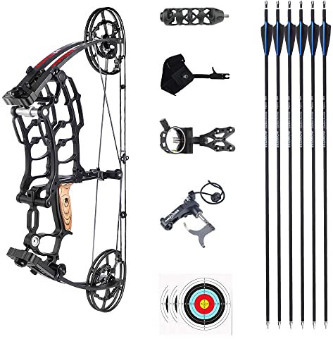 Bogenschießen Compoundbogenset 40-65 lbs Einstellbar Stahlkugel Verbundbögen Dual-Use Bogen Stahl Ball 390 FPS Jagdbogen für Erwachsener Outdoor Bogen Jagd (Schwarz Set)