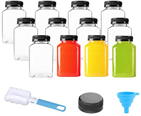 Plastic Bottles with Caps 12Pcs Juice Bottles Clear Reusable Containers Black Lid Plastic Smoothie Bottles Ideal for Juice Milk Homemade Beverages (4oz)