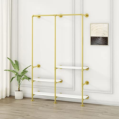 HEONITURE Gold Kleiderständer mit 3 Regalen, Mehrzweck-Kleiderständer, robust, industrieller Rohr-Kleiderständer, Wandmontage, Kleiderstange für Schrank und Schlafzimmer (Gold)