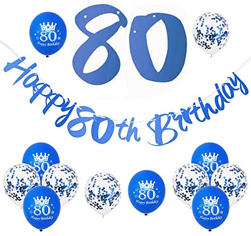 80 Geburtstag Deko, 80. Geburtstag Mann Frauen,80 Jahr Geburtstagdeko,Happy Birthday Girlande Ballon Blau Deko,Deko 80. Geburtstag Konfetti Luftballons,Banner Birthday Party Decorations