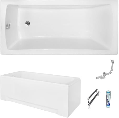 ECOLAM Baignoire rectangle Optima 160x70 cm | tablier en acrylique | pieds siphon + silicone | Baignoire acrylique blanc