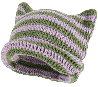 Crochet Hats for Women Cute Cat Ears Beanie Vintage Beanies Women Fox Hat Grunge Accessories Slouchy Knitted Beanies (Green+Purple)
