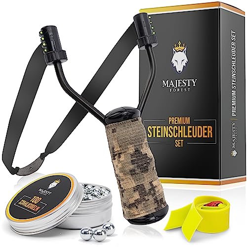 MAJESTY FOREST® Premium Steinschleuder Set (Digi-Camo) - Profi Schleuder Zwille für Sport und Outdoor - Slingshot Bundle mit 100 Kugeln + Ersatzgummi und E-Book