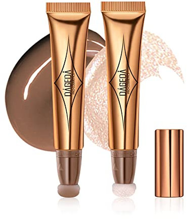 Prreal 2PCS Cosmetic Beauty Wand, Contour Highlighter Pen with Soft Cushion Applicator, Smooth Creamy Matte Finish Liquid Concealer Contour Highlighter Stick, Waterproof Liquid Body Face Makeup(01+04)